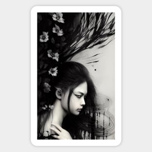 Sad girl, gothic style ink art Sticker